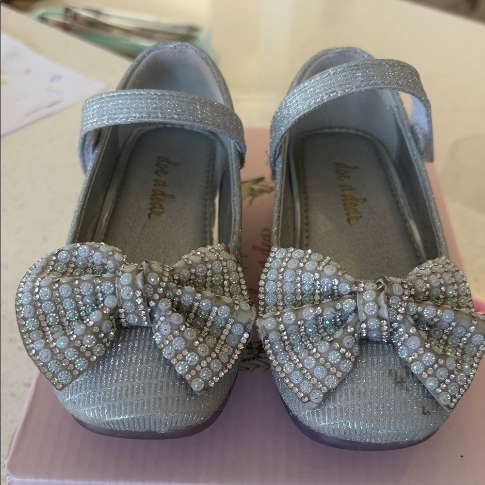 doe a dear  Silver shiny Shoes with Rhinestone Bow